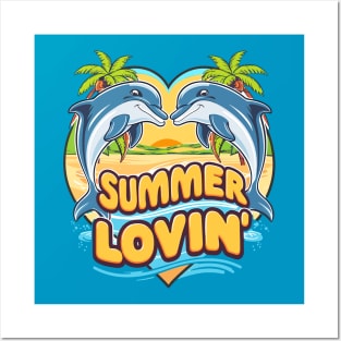 Summer Lovin' Dolphins in a Heart Shape Tropical Beach Life Summertime Summer Palm Trees Summertime Summer Vacation Beach Posters and Art